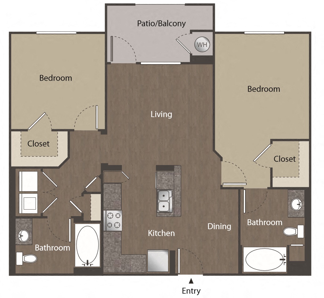 Floor plan for 2 beds, 2 baths, 1036 sqft